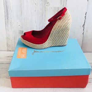 NIB Jean Michael Cazabat Zulaka Red Wedge Espadrille Ankle Strap Suede